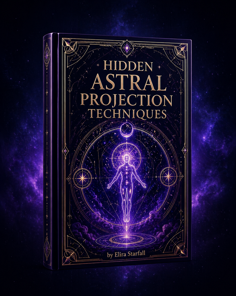 Book titled 'Hidden Astral Projection Techniques' with a mystical design on a dark background