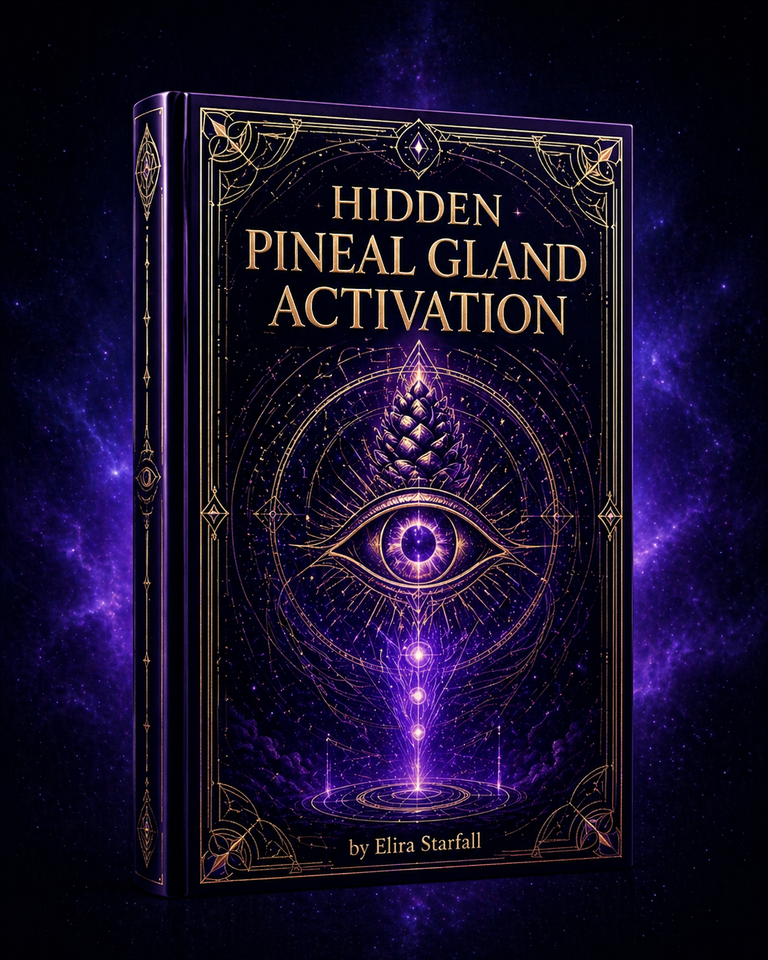 Book titled 'Hidden Pineal Gland Activation' with mystical design on a dark background