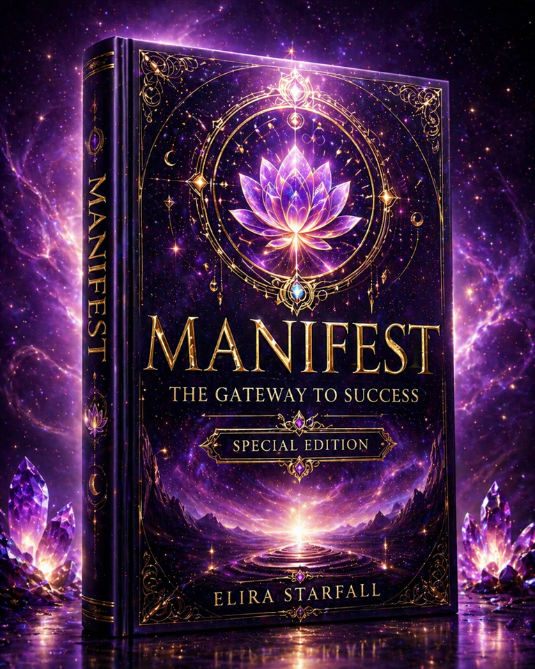 Book titled 'Manifest: The Gateway to Success' with a purple and gold design on a cosmic background.